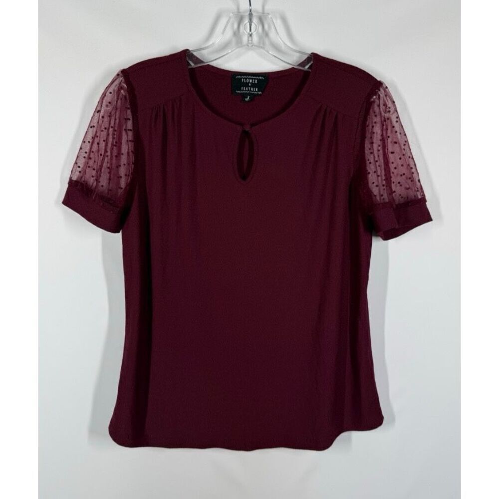 005 --- Flower and Feather Keyhole Neckline Sheer Puff Polk a Dot Sleeve Sweater